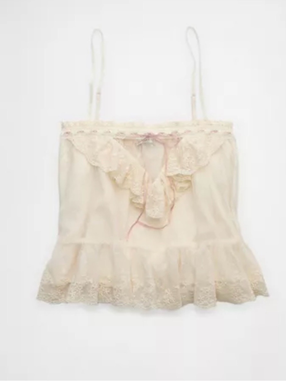 American Eagle Outfitters Cream Lace Ruffle Camisole with Pink Bow